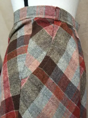 Vintage 70s Wool Diagonal Plaid Check Earth Tone Brown Red Tan A Line Midi Skirt Size XS