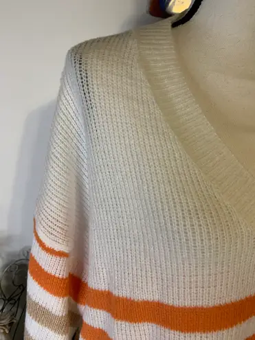Suzanne Betro White Orange Green Brown Striped Sweater