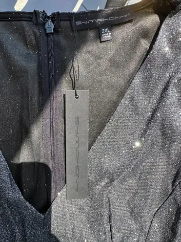 Symphony Shimmer Belted Asymmetrical Flare Hem V-neck Dress Black/Silver Size 2X