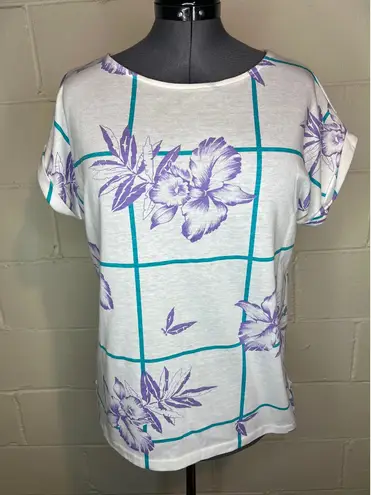 tshirt floral plaid white purple teal roller sleeve 1980s Size XL