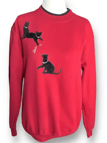 Vintage 90s Red Cat Sweatshirt Rhinestone Velvet Applique Crewneck Small Kitsch