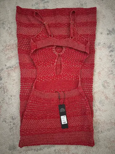 FashioNova NWT Red Metallic Crochet Maxi Dress