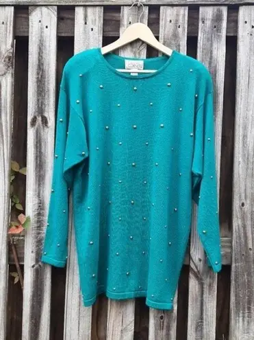 Vintage Casual Corner Studded Sweater Green Gold Tunic Removable Shoulder Pads L Size L
