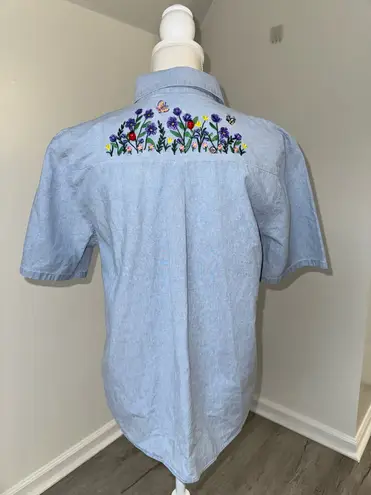Bonworth Embroidered Shirt Women’s Blue Short Sleeve Button Down Floral Garden