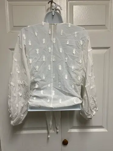 Farm Rio White Gathered Sleeved And Beaded Tassel Tie Front Top