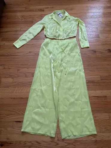 House of Harlow Y2k holographic iridescence Pant Set Shirt high Rise colorful neon coquette tie