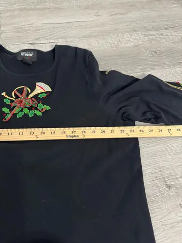 Studio Joy Black Holiday Top 2X Embroidered Horn Holly Bows Christmas Plus