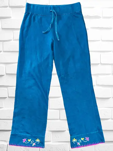 Sleep Sense Women’s Small Blue Embroidered Floral Patches Pajama/Lounge Pants