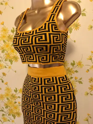 Lizette Collection 2-Piece Black & mustard Jacquard Monogram Crop Top & Skirt Set one size