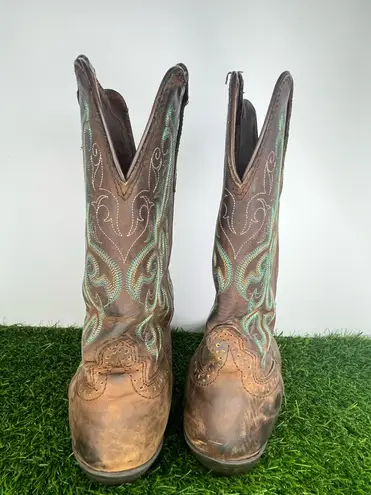 Justin Women’s Western Cowboy Boots Size 10B Brown Leather Turquoise Stitching Square Toe