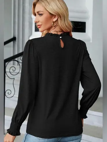 NEW Black Frilled Ruffle Neck Lantern Sleeve Smocked Cuff Blouse Size Medium