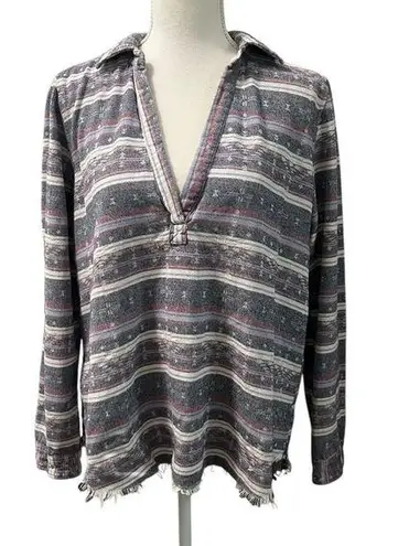Dear John Flannel 100% Cotton Southwest Aztec Tribal V Neck Raw Hem Shirt Top L