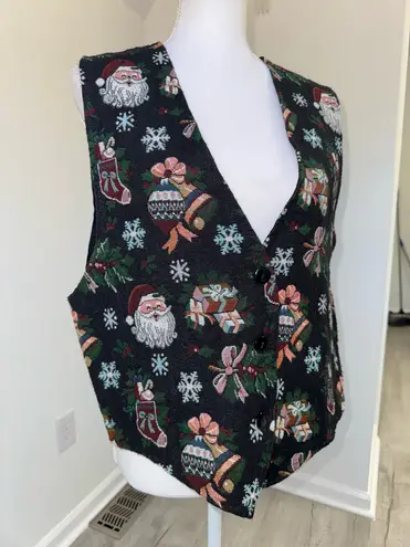 Vintage Facets by Mirrors Santa Christmas Vest Tapestry Holiday USA Large Black