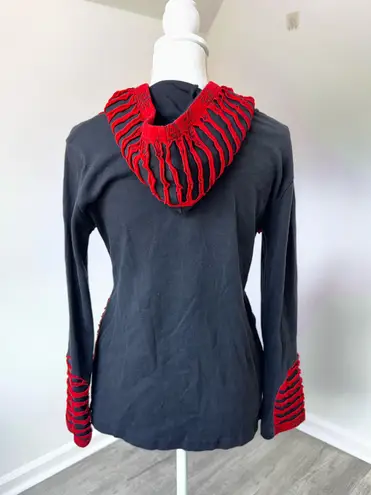 Nepal Hoodie M Black Red Floral Appliqué Patchwork Zip Cotton Festival Boho Size M