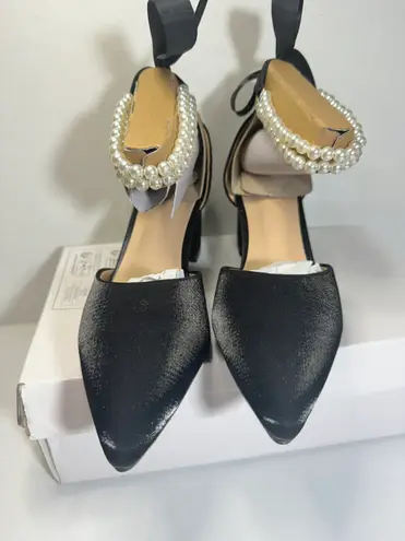 Closed Toe Pearl Heels Satin Wedding with Bow Chunky Block Heels Prom Evening Black Size 8