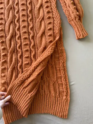 Chunky Cable Knit Mock Neck Sweater Dress Orange Size M