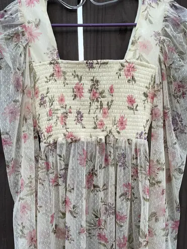 Square neck floral print sweet coquette sheer long sleeve top Pink Size L