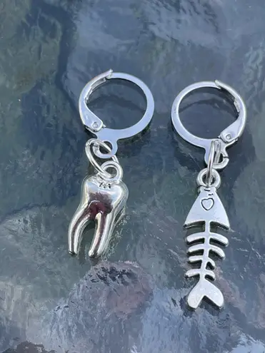 Handmade Silver Y2k Tooth Fishbone Hoop Earrings , Punk Goth Boho Silver
