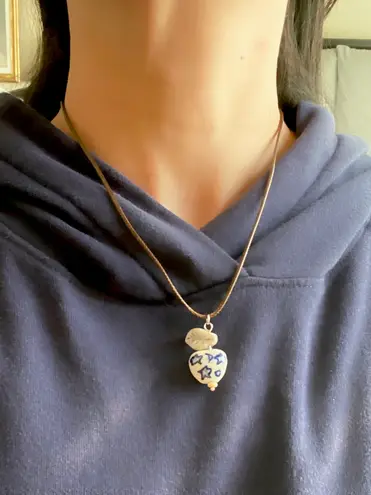 Handmade celestial porcelain heart bead & Czech leaf unique boho fairy whimsical necklace🌙🌀🌟