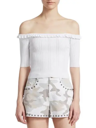 Cinq à Sept Cinq a Sept Amalia ruffled ribbed knit off-the-shoulder 3/4 sleeve crop top S