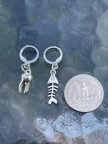 Handmade Silver Y2k Tooth Fishbone Hoop Earrings , Punk Goth Boho Silver