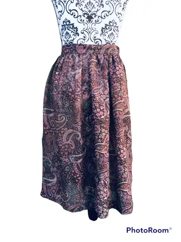 Vintage 70s 80s Dimension V Sheer Brown Pink Paisley Knee Length Skirt Midi S
