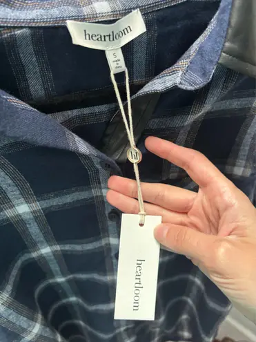 Heartloom Flannel Women’s Shirt Button Down Faux Leather Trim Plaid Blue White