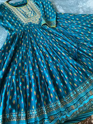 Teal Blue Embroidered & printed Anarkali Long Kurta Kurti Flare Fairy New Size XL