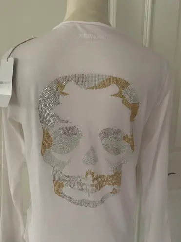 Zadig & Voltaire Women’s Tunisien Skull Strass Beaded Henley White Cotton Top