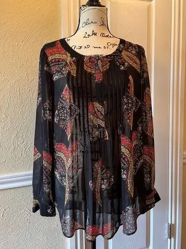 Daniel Rainn Split Neck Long Sleeve Sheer Tunic Blouse Black Scarf Print Size M