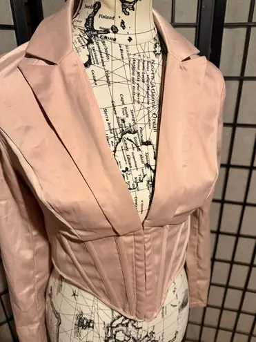 Milk and Honey pink corset satin-backed crepe Vneck long-sleeve blouse Crop Blazer