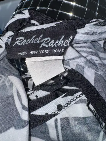 70s Rachel Rachel Women’s Blouse 2X Abstract Black White Sparkly Tie Back Y2K