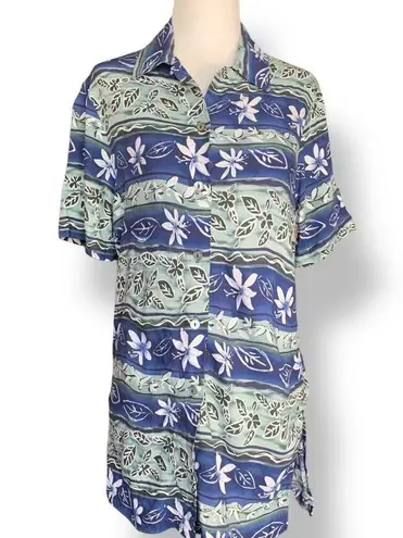 Vintage 90s Top Blue Green Floral Leaf Print Button Up Short Sleeve Shirt Small