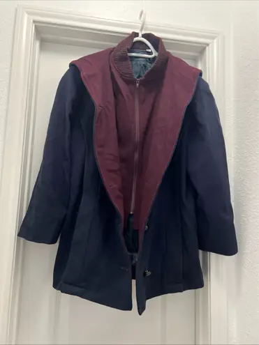 Vintage Mackintosh Wool Coat Navy & Burgundy Hooded Jacket 12P Dillard’s Blue Size 12