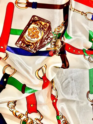 Vintage Equestrian horsebelt&chain print oversized hand rolled silky Scarf 35/35 Multiple