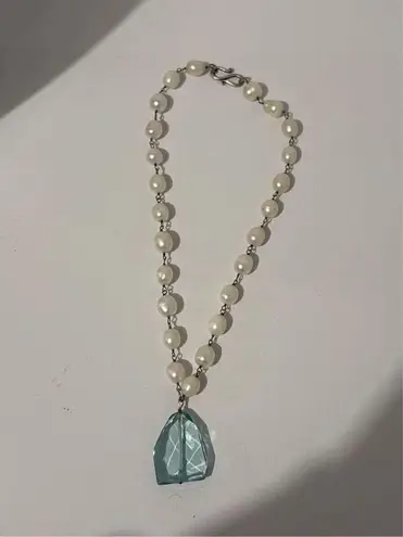 Fresh Water Pearl & Aqua Tear Drop Crystal Statement Necklace Glamorous Jewelry Silver