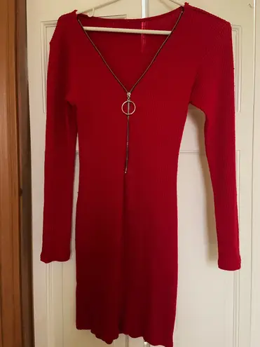 Red Long Sleeve Mini Dress With Zipper