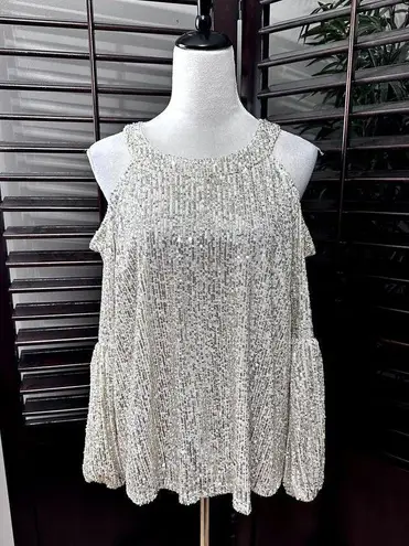 CeCe  Women's Cold Shoulder Long Sleeve Sequin Blouse Champagne XL NWT