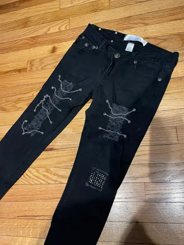 Raw Blue Premium Denim Flour De Liz Lis Raw Grommets Vintage y2k chain Embellished Skinny jeans Patch work Rock Punk Goth faded stone distressed Chain