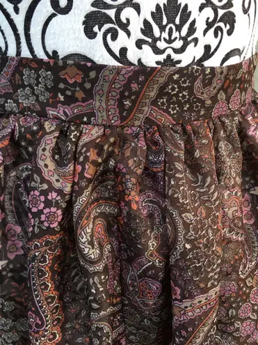 Vintage 70s 80s Dimension V Sheer Brown Pink Paisley Knee Length Skirt Midi S