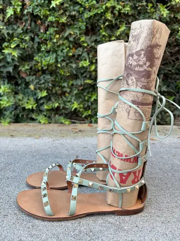 Valentino Garavani Valentino Rockstud flat lace-up mint green leather gladiator sandals size IT 37