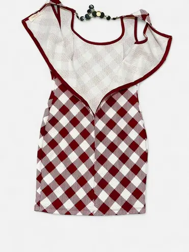 Sarah La Petite Small Western Gingham Checkered Bodycon maroon wide strap casual dress