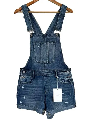 NWT KanCan Denim Shortalls Womens M Medium Wash Distressed Overalls 90s Cowgirl Blue