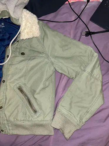 American Eagle Baby Doll Bomber Jacket sz Large  Olive colored with removable grey hoodie