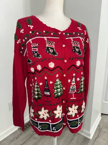 heirloom collectibles Christmas Cardigan Red Embroidered Trees Stockings M