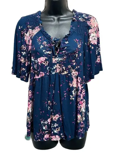 Lone + Lux Navy/Pink Floral Scoop/Tie Neck Smocked Short Flutter Sleeve Sz S Blue