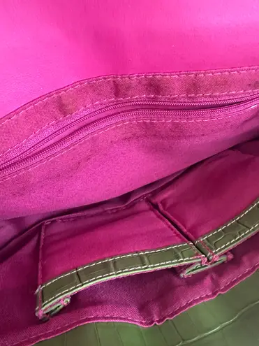 Green alligator print leather shoulder bag and matching wallet