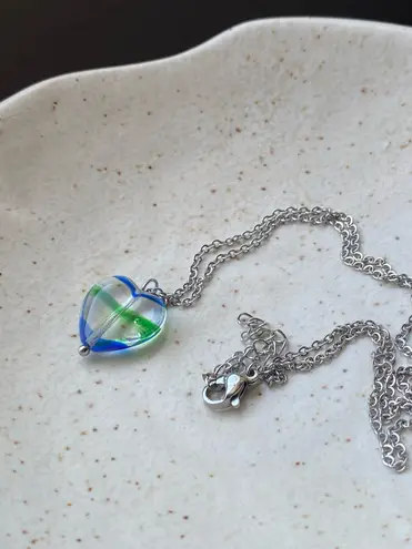 Handmade retro vintage fairy whimsical style quality Czech glass green & blue heart bead simple necklace🩵