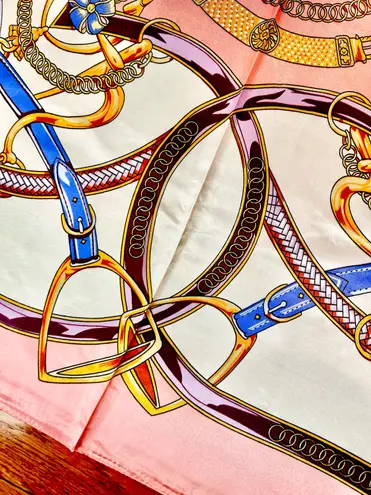 Vintage Equestrian PINK PEACH Royal Crown print oversized silky Scarf 35/35