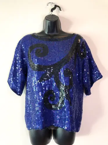 Vintage Blue Beaded Sequin Top Size M